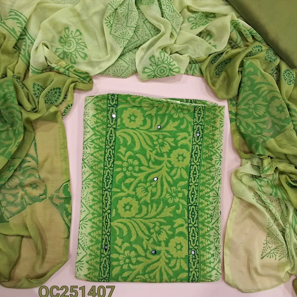 Pastel Green and parrot green block printed semi georgette unstitched salwar material,(flowy, lining needed) faux mirror work on front, silk cotton bottom, block printed dual shaded fancy chiffon dupatta. OC251407
