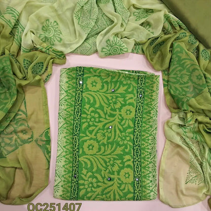 Pastel Green and parrot green block printed semi georgette unstitched salwar material,(flowy, lining needed) faux mirror work on front, silk cotton bottom, block printed dual shaded fancy chiffon dupatta. OC251407