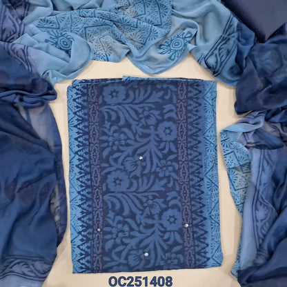 Pastel Blue and dark blue block printed semi georgette unstitched salwar material,(flowy, lining needed) faux mirror work on front, silk cotton bottom, block printed dual shaded fancy chiffon dupatta. OC251408