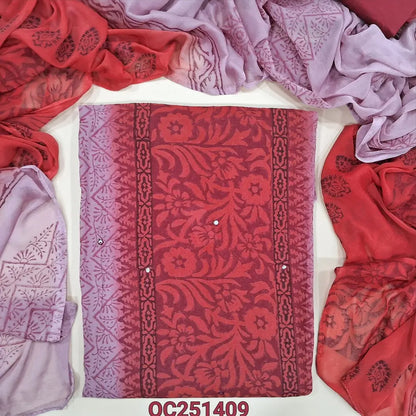 Pastel Pink and dark maroon block printed semi georgette unstitched salwar material,(flowy, lining needed) faux mirror work on front, silk cotton bottom, block printed dual shaded fancy chiffon dupatta. OC251409