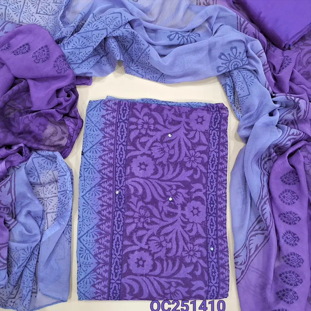 Lavender and dark purple block printed semi georgette unstitched salwar material,(flowy, lining needed) faux mirror work on front, silk cotton bottom, block printed dual shaded fancy chiffon dupatta. OC251410