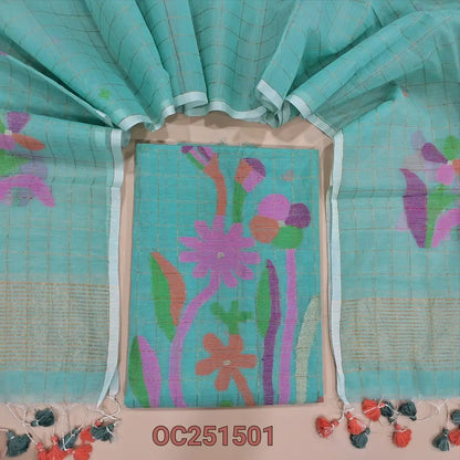 Pastel Blue Muslin jamdani unstitched salwar material, zari checks all over with thread weaving on daman(thin, lining needed)NO BOTTOM, muslin jamdani full length dupatta with tissue pallu & handmade tassels. OC251501