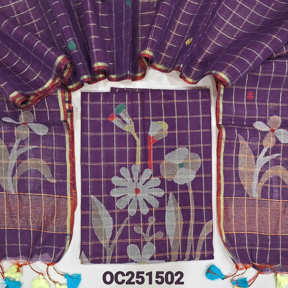Purple Muslin jamdani unstitched salwar material, zari checks all over with thread weaving on daman(thin, lining needed)NO BOTTOM, muslin jamdani full length dupatta with tissue pallu & handmade tassels. OC251502