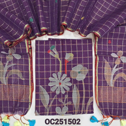 Purple Muslin jamdani unstitched salwar material, zari checks all over with thread weaving on daman(thin, lining needed)NO BOTTOM, muslin jamdani full length dupatta with tissue pallu & handmade tassels. OC251502