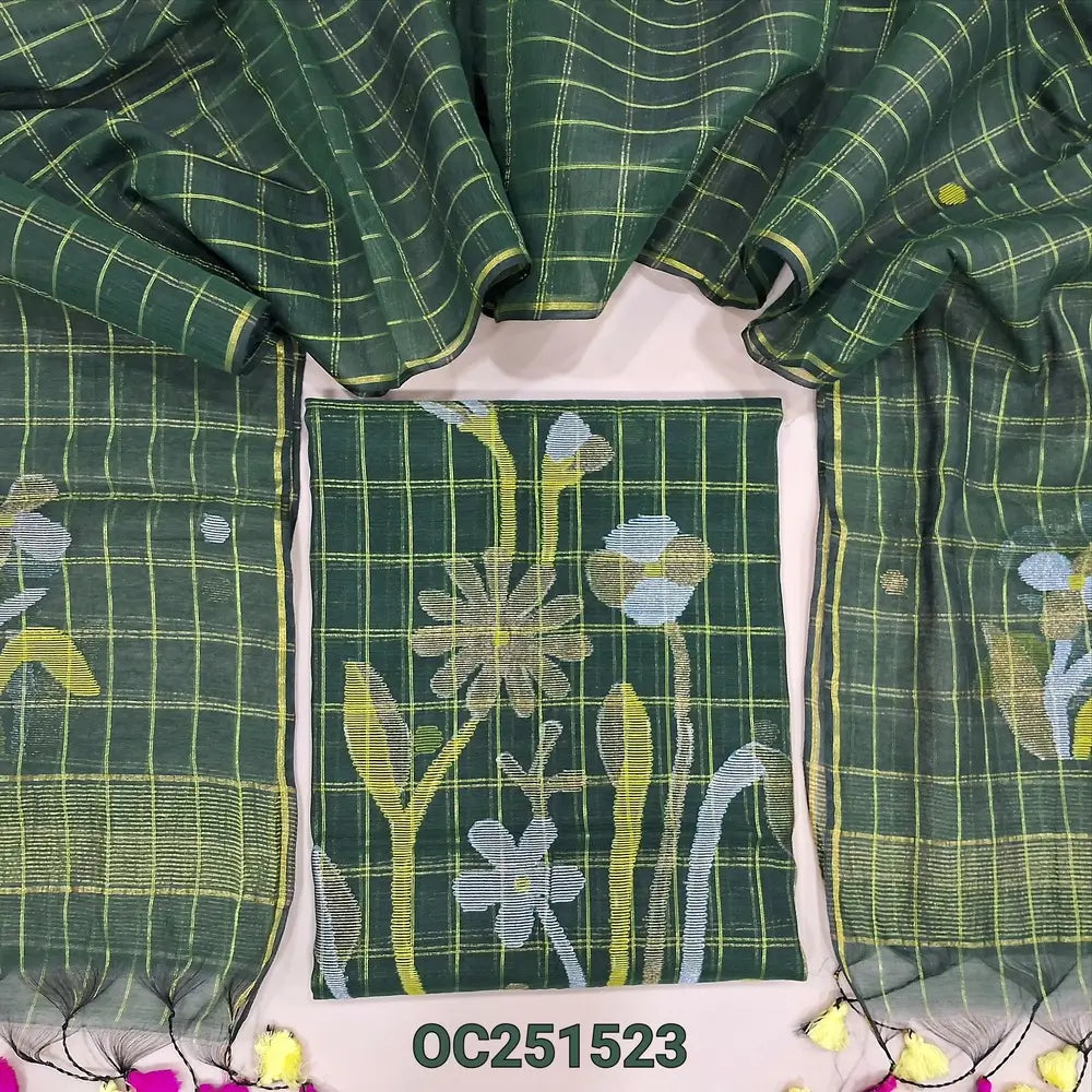 Bottle Green Muslin jamdani unstitched salwar material, zari checks all over with thread weaving on daman(thin, lining needed)NO BOTTOM, muslin jamdani full length dupatta with tissue pallu & handmade tassels. OC251523