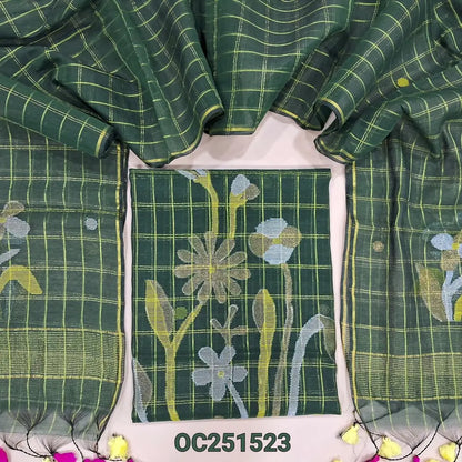 Bottle Green Muslin jamdani unstitched salwar material, zari checks all over with thread weaving on daman(thin, lining needed)NO BOTTOM, muslin jamdani full length dupatta with tissue pallu & handmade tassels. OC251523