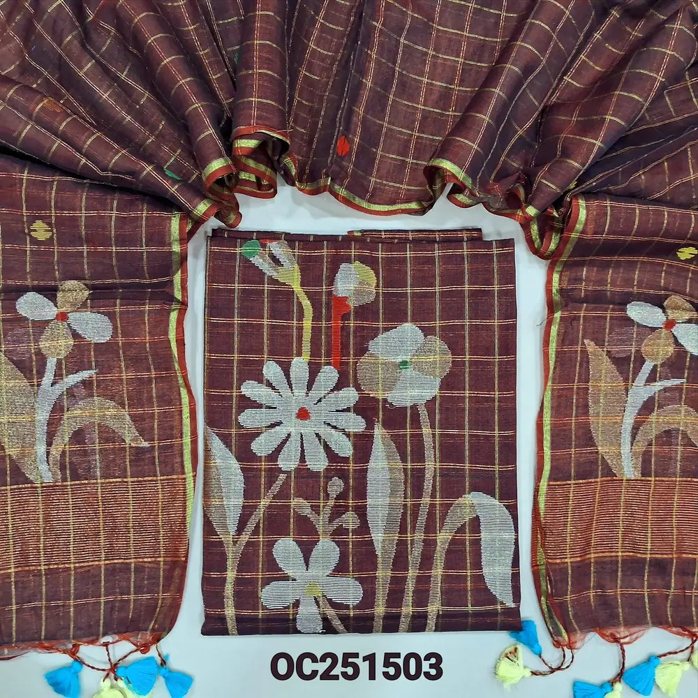 Dark Maroon Muslin jamdani unstitched salwar material, zari checks all over with thread weaving on daman(thin, lining needed)NO BOTTOM, muslin jamdani full length dupatta with tissue pallu & handmade tassels. OC251503