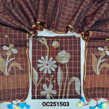 Dark Maroon Muslin jamdani unstitched salwar material, zari checks all over with thread weaving on daman(thin, lining needed)NO BOTTOM, muslin jamdani full length dupatta with tissue pallu & handmade tassels. OC251503