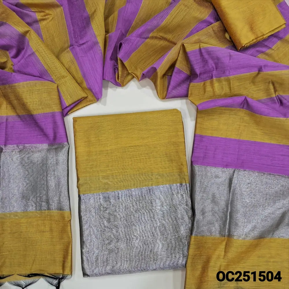 Light Mehandhi Yellow premium silk cotton unstitched salwar material tissue borders on daman,(soft, lining optional) matching silk cotton bottom, dual shade premium silk cotton dupatta tissue borders on pallu. OC251504
