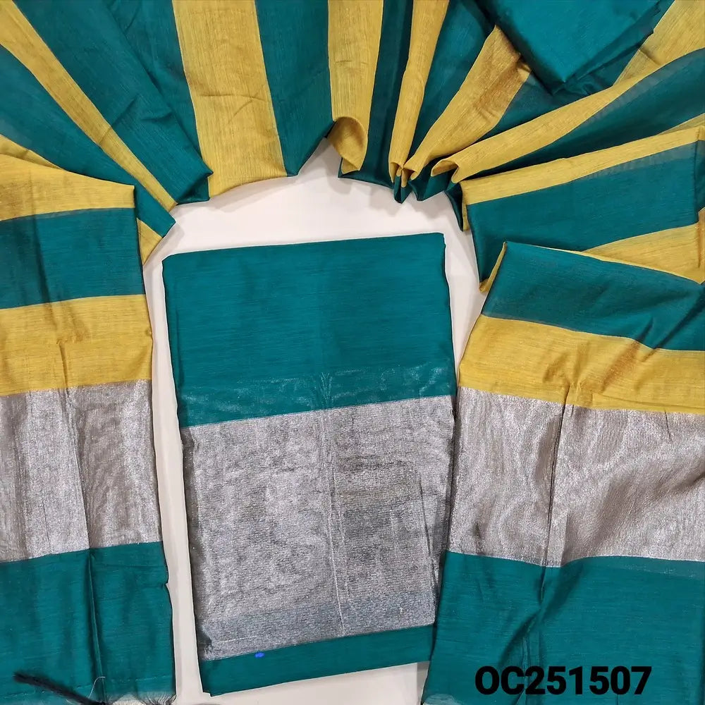 Teal Green premium silk cotton unstitched salwar material tissue borders on daman,(soft, lining optional) matching silk cotton bottom, dual shade premium silk cotton dupatta tissue borders on pallu. OC251507