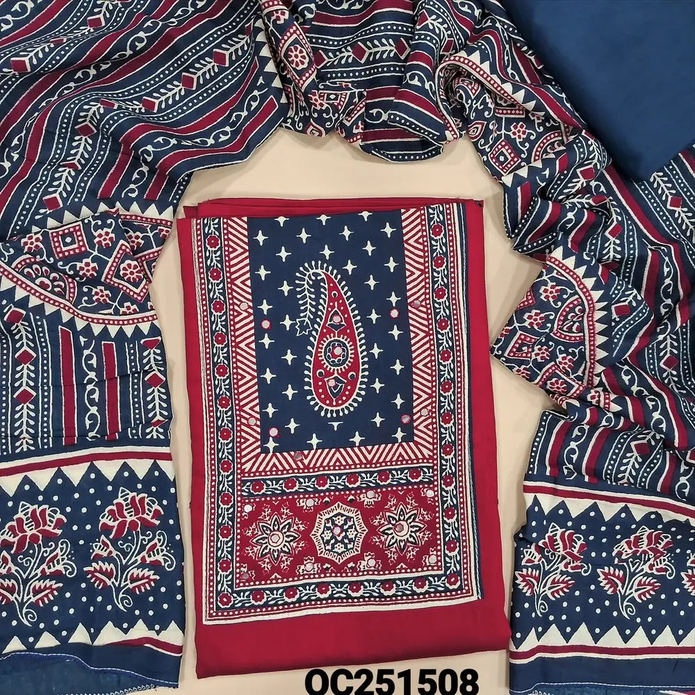 Red rayon unstitched salwar material, printed patch and faux mirror work on yoke,(shiny, lining optional), blue spun cotton bottom, printed rayon full length dupatta. OC251508
