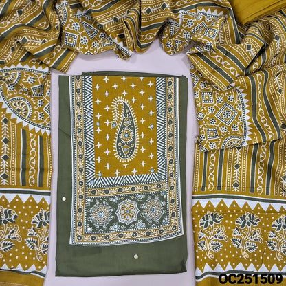 Olive Green rayon unstitched salwar material, printed patch and faux mirror work on yoke,(shiny, lining optional), mehandhi yellow spun cotton bottom, printed rayon full length dupatta. OC251509