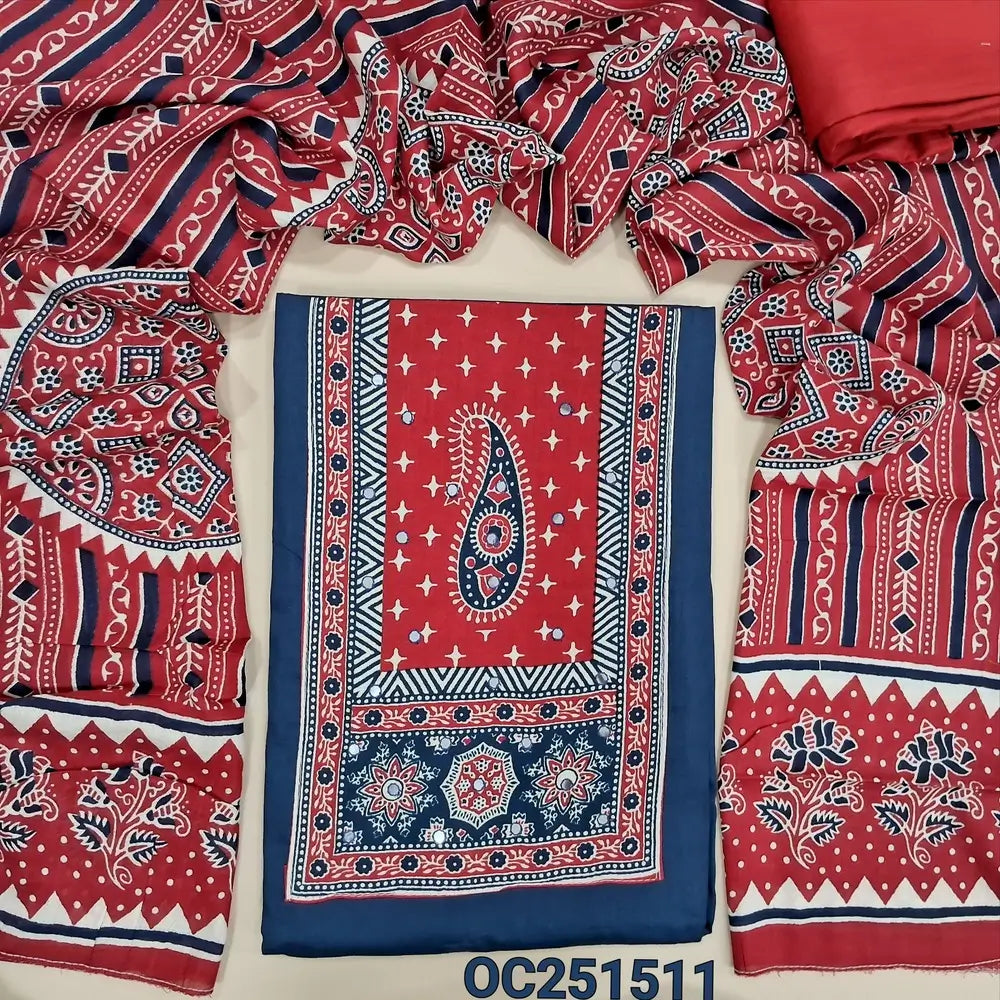 Dark blue rayon unstitched salwar material, printed patch and faux mirror work on yoke,(shiny, lining optional), red spun cotton bottom, printed rayon full length dupatta. OC251511
