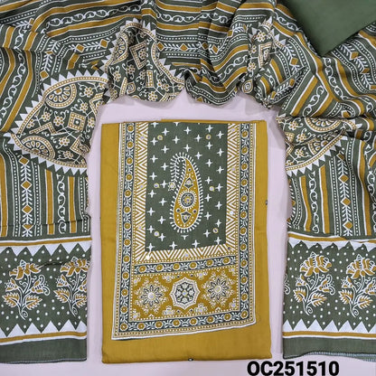 Mehandhi Yellow rayon unstitched salwar material, printed patch and faux mirror work on yoke,(shiny, lining optional), olive green spun cotton bottom, printed rayon full length dupatta. OC251510