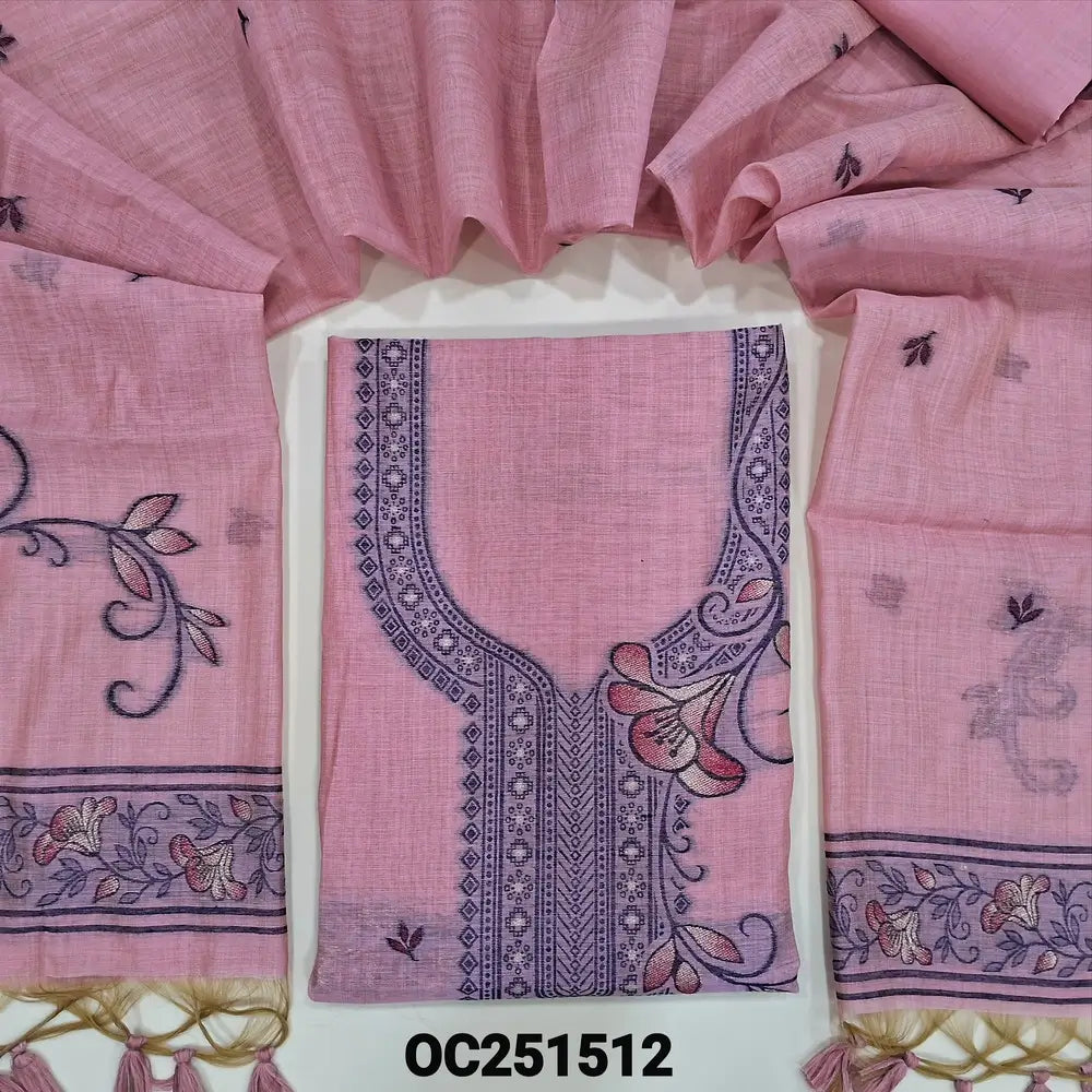 Pastel Pink jamdani woven silk cotton unstitched salwar material, heavy jamdani woven on yoke & front,(thin, lining needed) matching silk cotton bottom, jamdani woven silk cotton full length dupatta with handmade tassels. OC251512