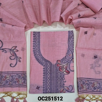 Pastel Pink jamdani woven silk cotton unstitched salwar material, heavy jamdani woven on yoke & front,(thin, lining needed) matching silk cotton bottom, jamdani woven silk cotton full length dupatta with handmade tassels. OC251512