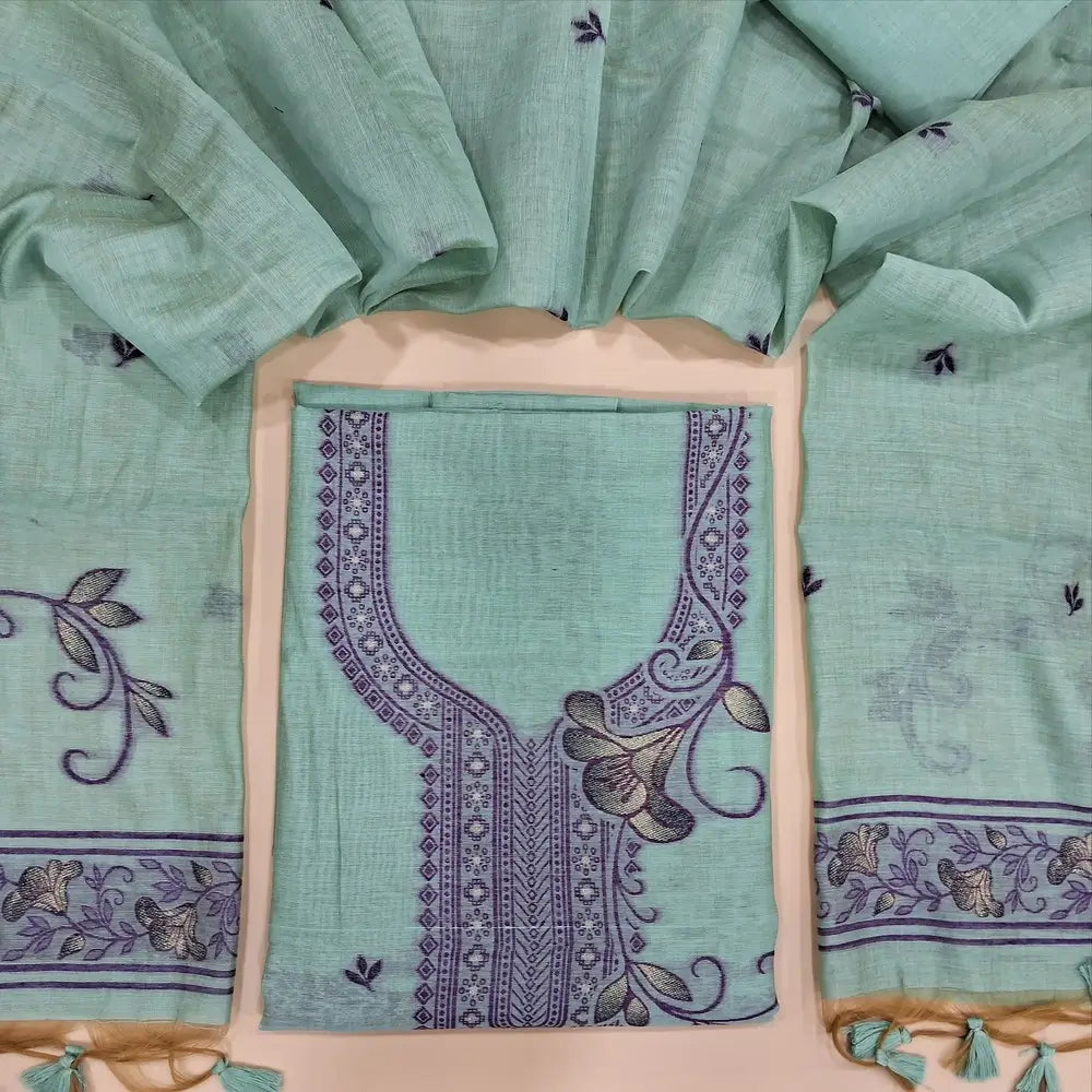 Pastel Blue jamdani woven silk cotton unstitched salwar material, heavy jamdani woven on yoke & front,(thin, lining needed) matching silk cotton bottom, jamdani woven silk cotton full length dupatta with handmade tassels. OC251513