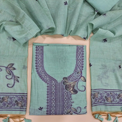 Pastel Blue jamdani woven silk cotton unstitched salwar material, heavy jamdani woven on yoke & front,(thin, lining needed) matching silk cotton bottom, jamdani woven silk cotton full length dupatta with handmade tassels. OC251513