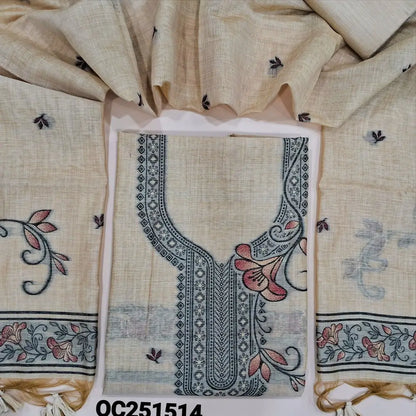 Rich Beige jamdani woven silk cotton unstitched salwar material, heavy jamdani woven on yoke & front,(thin, lining needed) matching silk cotton bottom, jamdani woven silk cotton full length dupatta with handmade tassels. OC251514