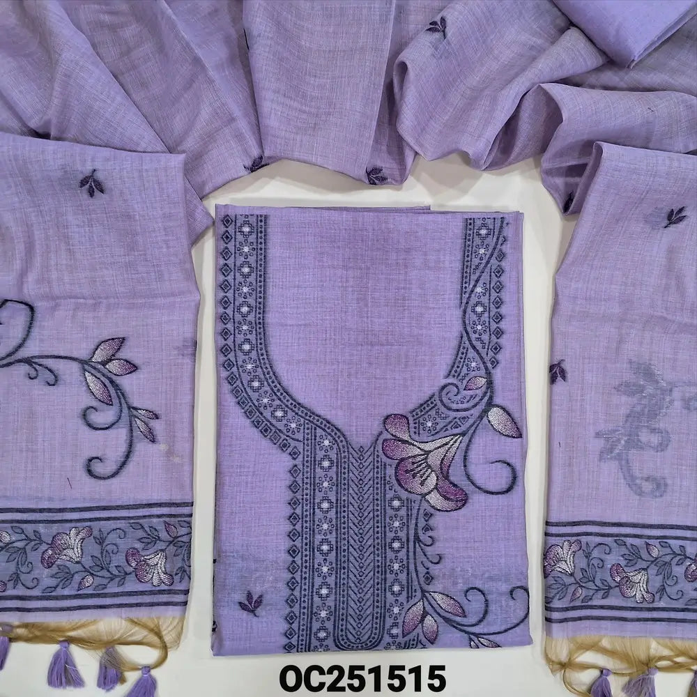 Lavender jamdani woven silk cotton unstitched salwar material, heavy jamdani woven on yoke & front,(thin, lining needed) matching silk cotton bottom, jamdani woven silk cotton full length dupatta with handmade tassels. OC251515