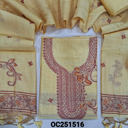 Pastel Yellow jamdani woven silk cotton unstitched salwar material, heavy jamdani woven on yoke & front,(thin, lining needed) matching silk cotton bottom, jamdani woven silk cotton full length dupatta with handmade tassels. OC251516
