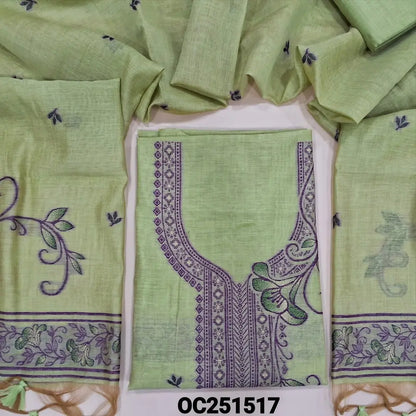 Pastel Green jamdani woven silk cotton unstitched salwar material, heavy jamdani woven on yoke & front,(thin, lining needed) matching silk cotton bottom, jamdani woven silk cotton full length dupatta with handmade tassels. OC251517