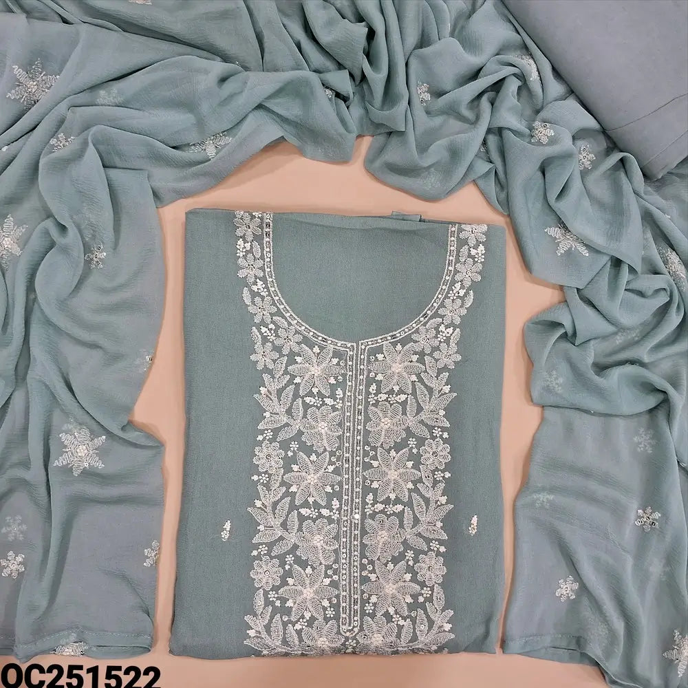 Light Bluish grey premium georgette unstitched salwar material, embroidery& sequins work on yoke& front(thin, lining needed)matching santoon bottom, embroidered premium chiffon dupatta.OC251522