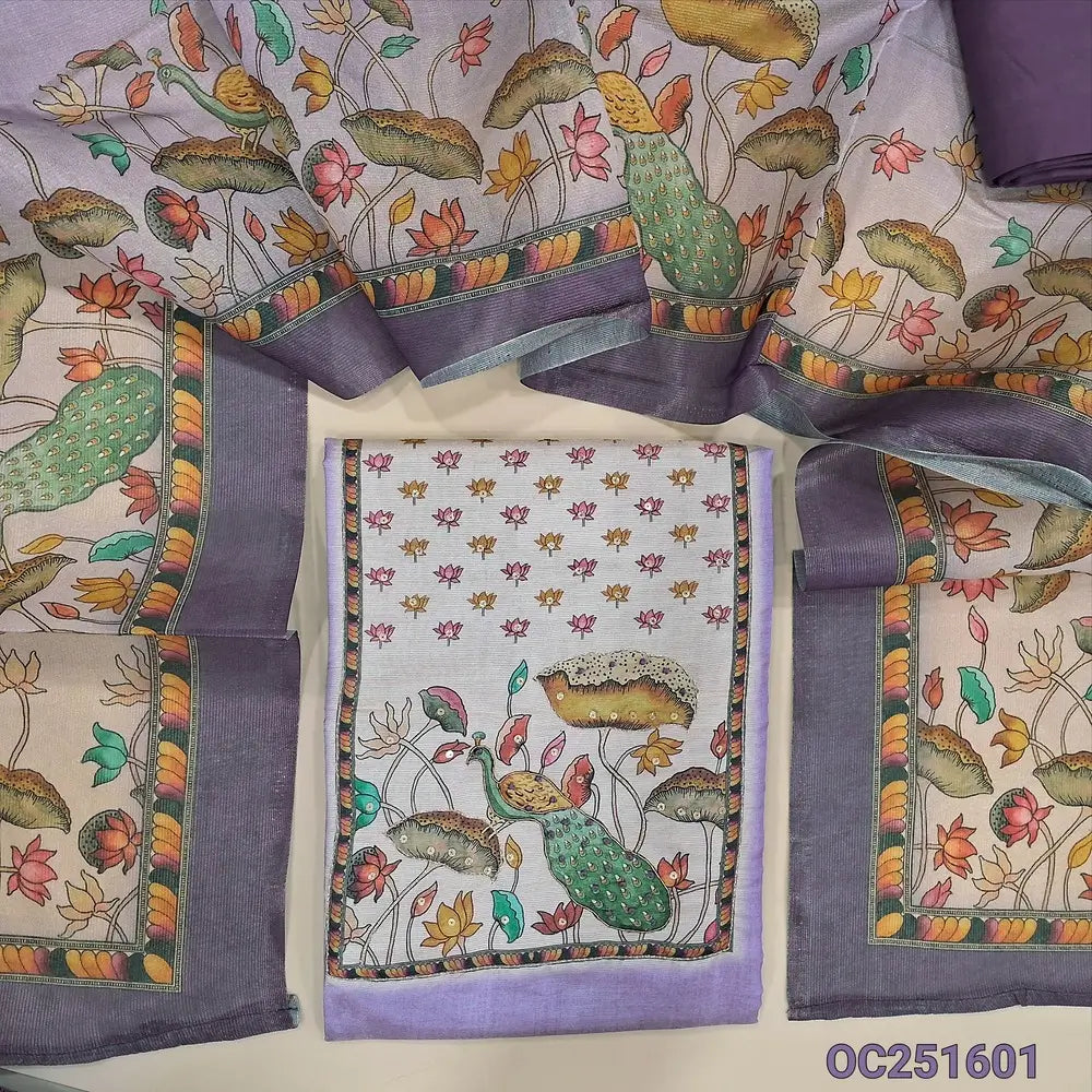 Lavender Tissue Silk unstitched salwar material,(soft, lining needed) digital printed, hand work on yoke & daman, dark purple santoon bottom, Digital printed fancy tissue silk dupatta. OC251601