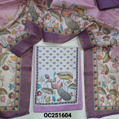 Purplish Pink Tissue Silk unstitched salwar material,(soft, lining needed) digital printed, hand work on yoke & daman, dark purple santoon bottom, Digital printed fancy tissue silk dupatta. OC251604