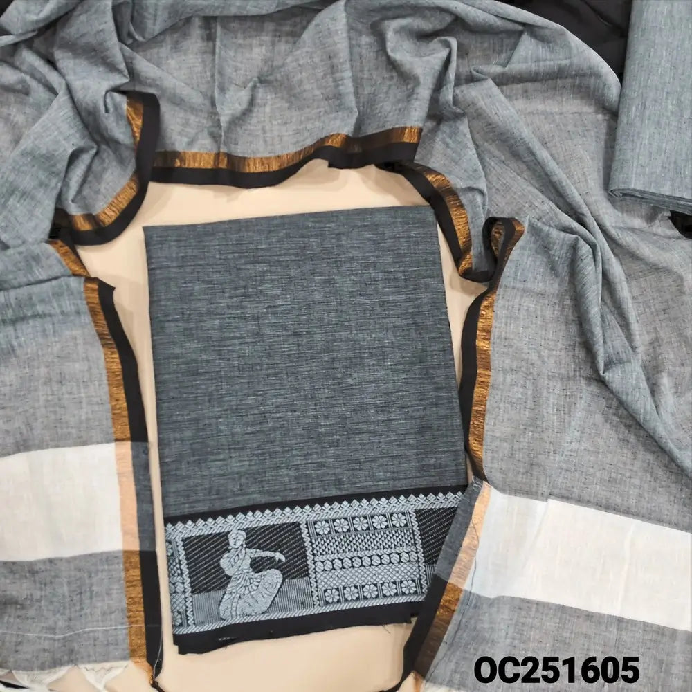 Dark Grey south handloom Cotton unstitched salwar material,(soft, lining needed) thread weaving design on daman, light grey cotton bottom, dual shaded south handloom cotton dupatta with tassels. OC251605