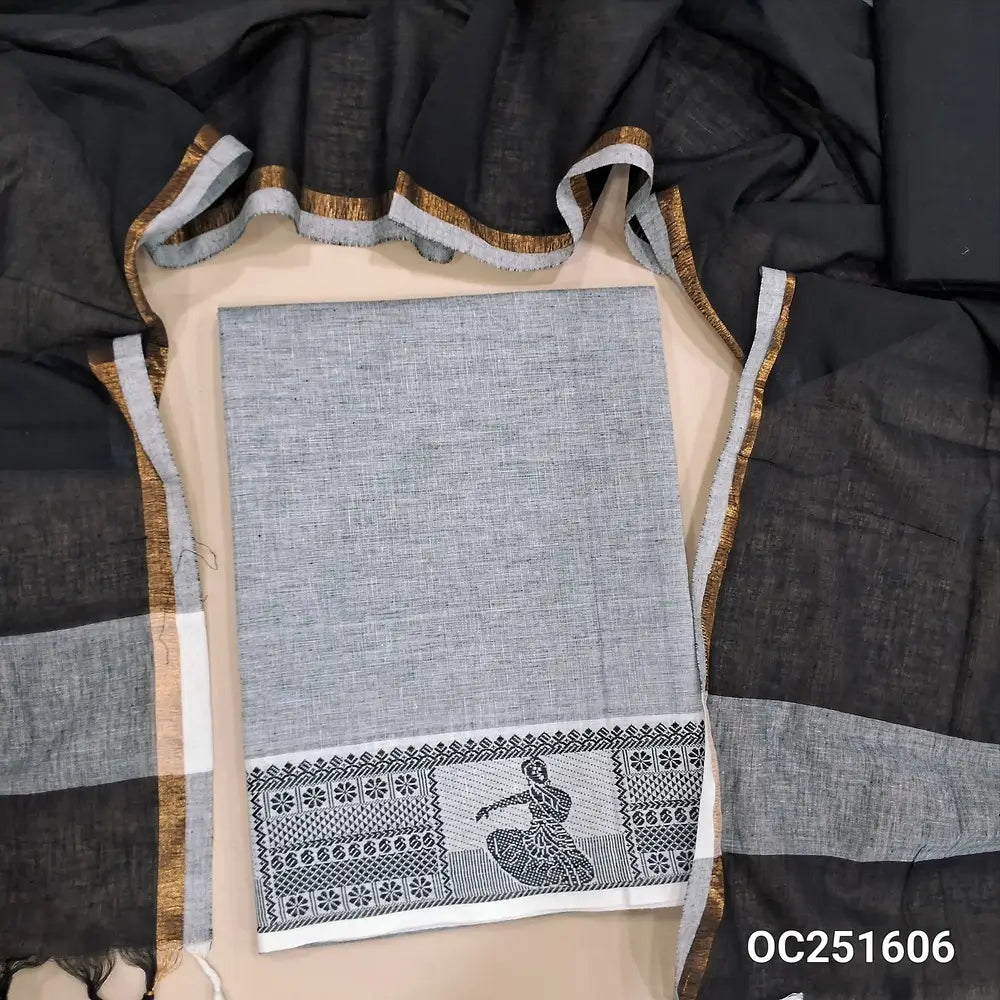 Light Grey south handloom Cotton unstitched salwar material,(soft, lining needed) thread weaving design on daman, black cotton bottom, dual shaded south handloom cotton dupatta with tassels. OC251606