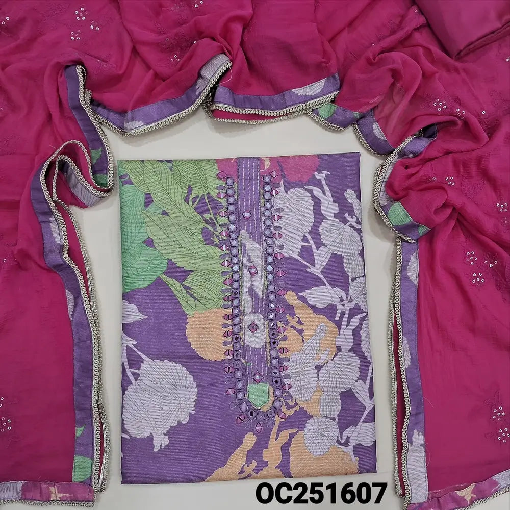 Purple tissue silk cotton unstitched salwar material,(soft, lining needed) multicolor floral printed allover, real mirror and zari lines on yoke, bright pink silk cotton bottom, embroidery and sequence work on chiffon dupatta with tapings. OC251607