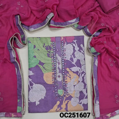 Purple tissue silk cotton unstitched salwar material,(soft, lining needed) multicolor floral printed allover, real mirror and zari lines on yoke, bright pink silk cotton bottom, embroidery and sequence work on chiffon dupatta with tapings. OC251607