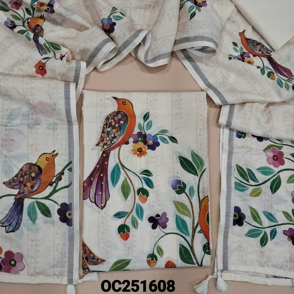 Half White pure soft silk cotton unstitched salwar material,(soft, lining needed) digital printed, hand embroidery work on front, matching silk cotton bottom,  Digital printed soft silk cotton dupatta. OC251608