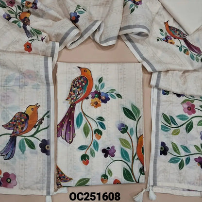 Half White pure soft silk cotton unstitched salwar material,(soft, lining needed) digital printed, hand embroidery work on front, matching silk cotton bottom,  Digital printed soft silk cotton dupatta. OC251608