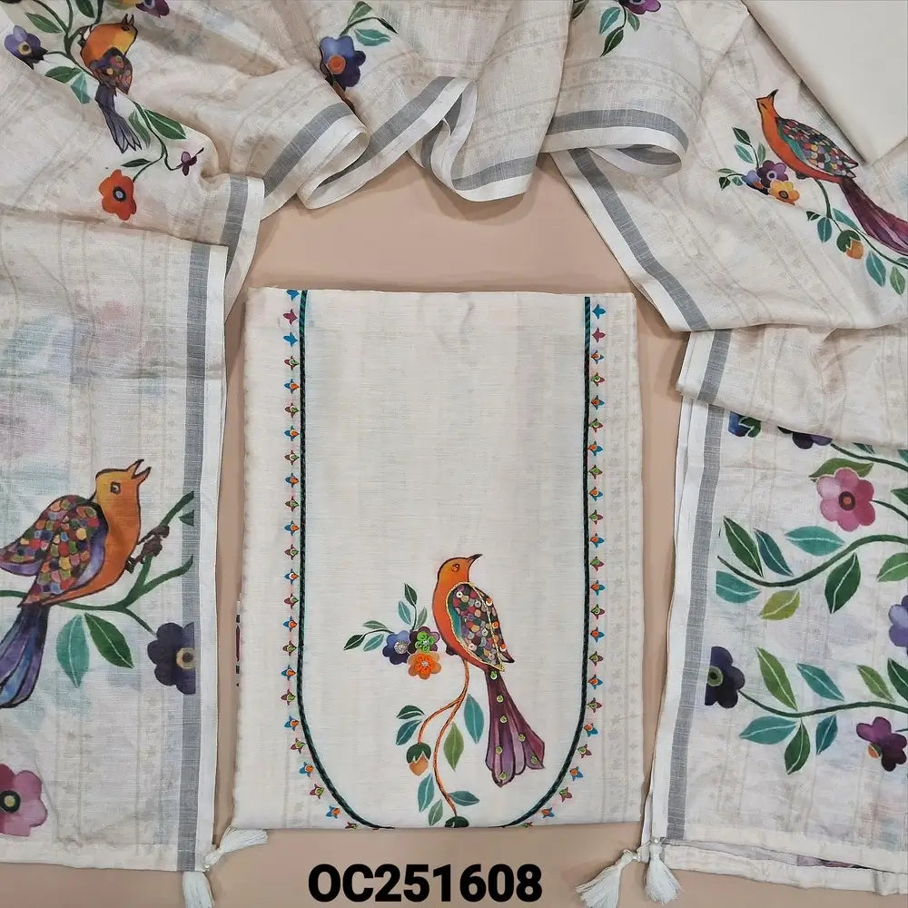 Half White pure soft silk cotton unstitched salwar material,(soft, lining needed) digital printed, hand embroidery work on front, matching silk cotton bottom,  Digital printed soft silk cotton dupatta. OC251608