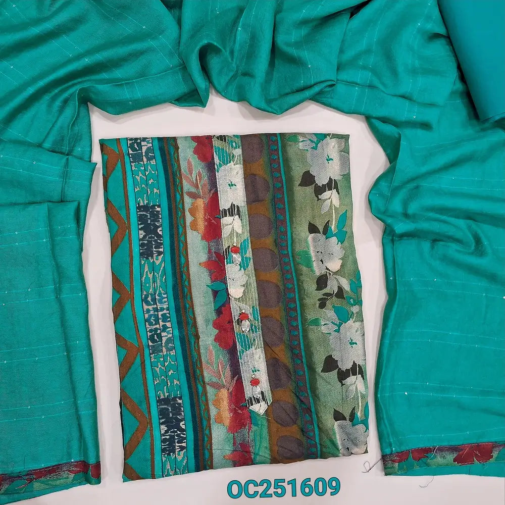 Turquoise Green silk cotton unstitched salwar material,(soft, lining needed) zari lines, fancy buttons on yoke, turquoise blue cotton bottom, thread, sequence work on silk cotton dupatta. OC251609