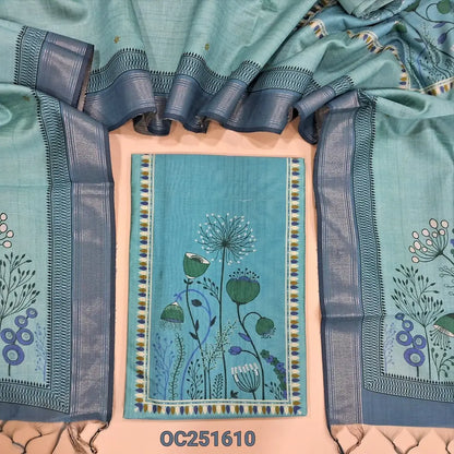 Pastel Blue silk cotton unstitched salwar material,(thin, lining needed) digital printed on yoke, matching santoon bottom, digital printed silk cotton dupatta with tassels. OC251610