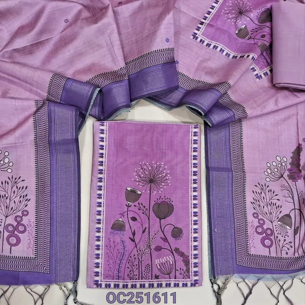 Pink silk cotton unstitched salwar material,(thin, lining needed) digital printed on yoke, matching santoon bottom, digital printed silk cotton dupatta with tassels. OC251611