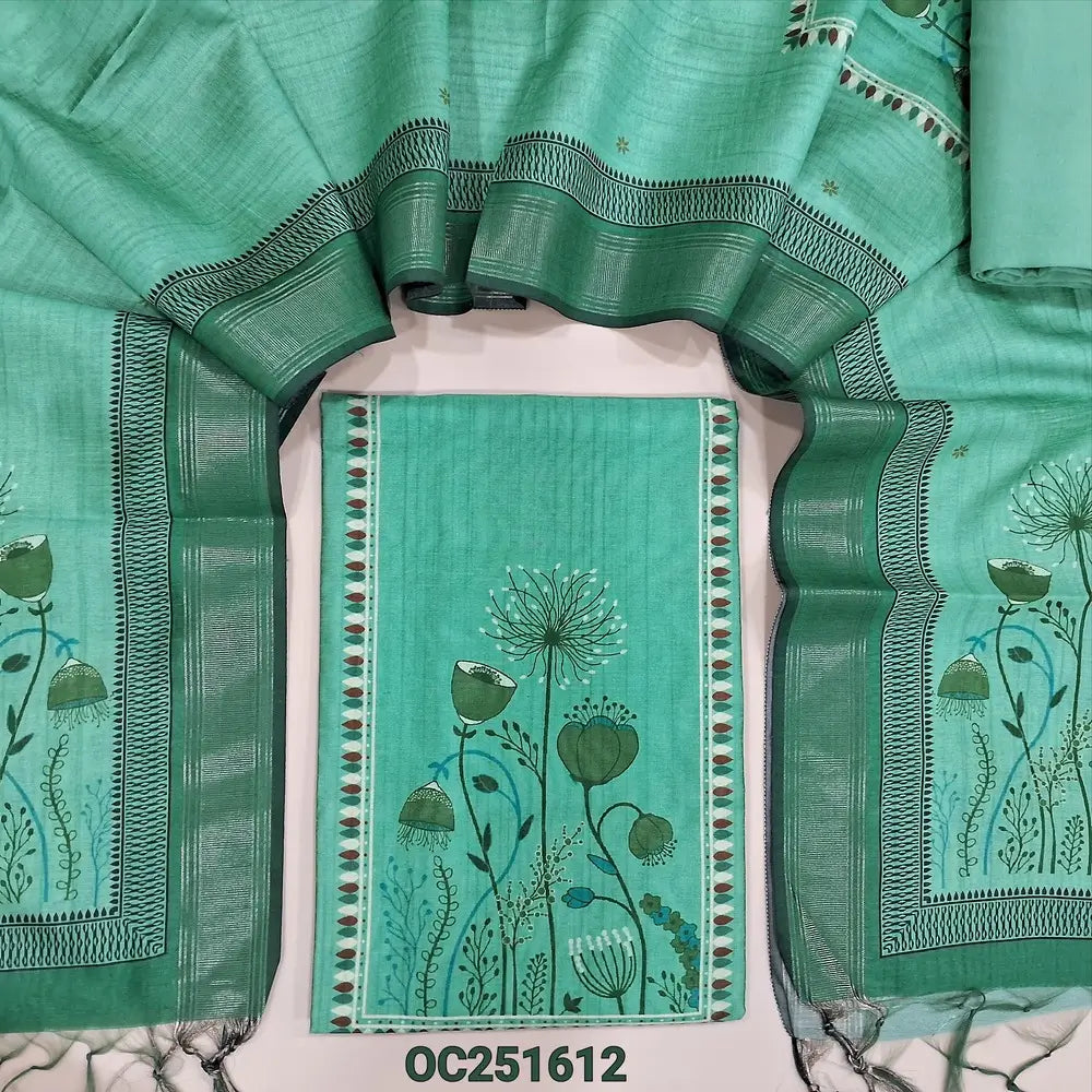 Light turquoise Green silk cotton unstitched salwar material,(thin, lining needed) digital printed on yoke, matching santoon bottom, digital printed silk cotton dupatta with tassels. OC251612