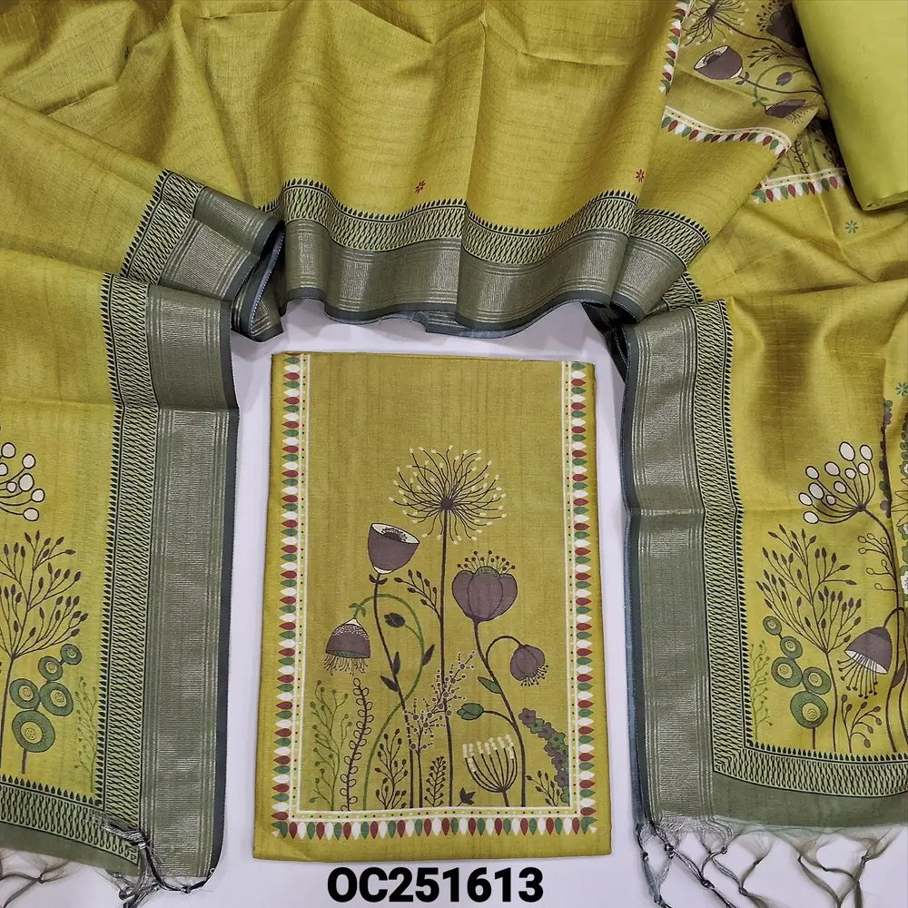 Mehandhi Yellow silk cotton unstitched salwar material,(thin, lining needed) digital printed on yoke, matching santoon bottom, digital printed silk cotton dupatta with tassels. OC251613