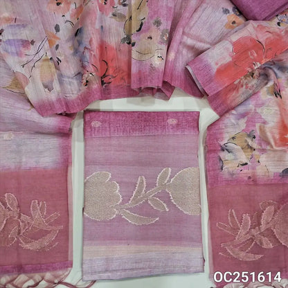 Pink jamdani woven silk cotton unstitched salwar material, organza daman patch with jamdani weaving (Textured, Lining Needed) digital print Silk Cotton Bottom, floral printed silk cotton dupatta jamdani weaving organza patch in pallu. OC251614