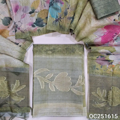 Olive Green jamdani woven silk cotton unstitched salwar material, organza daman patch with jamdani weaving (Textured, Lining Needed) digital print Silk Cotton Bottom, floral printed silk cotton dupatta jamdani weaving organza patch in pallu. OC251615