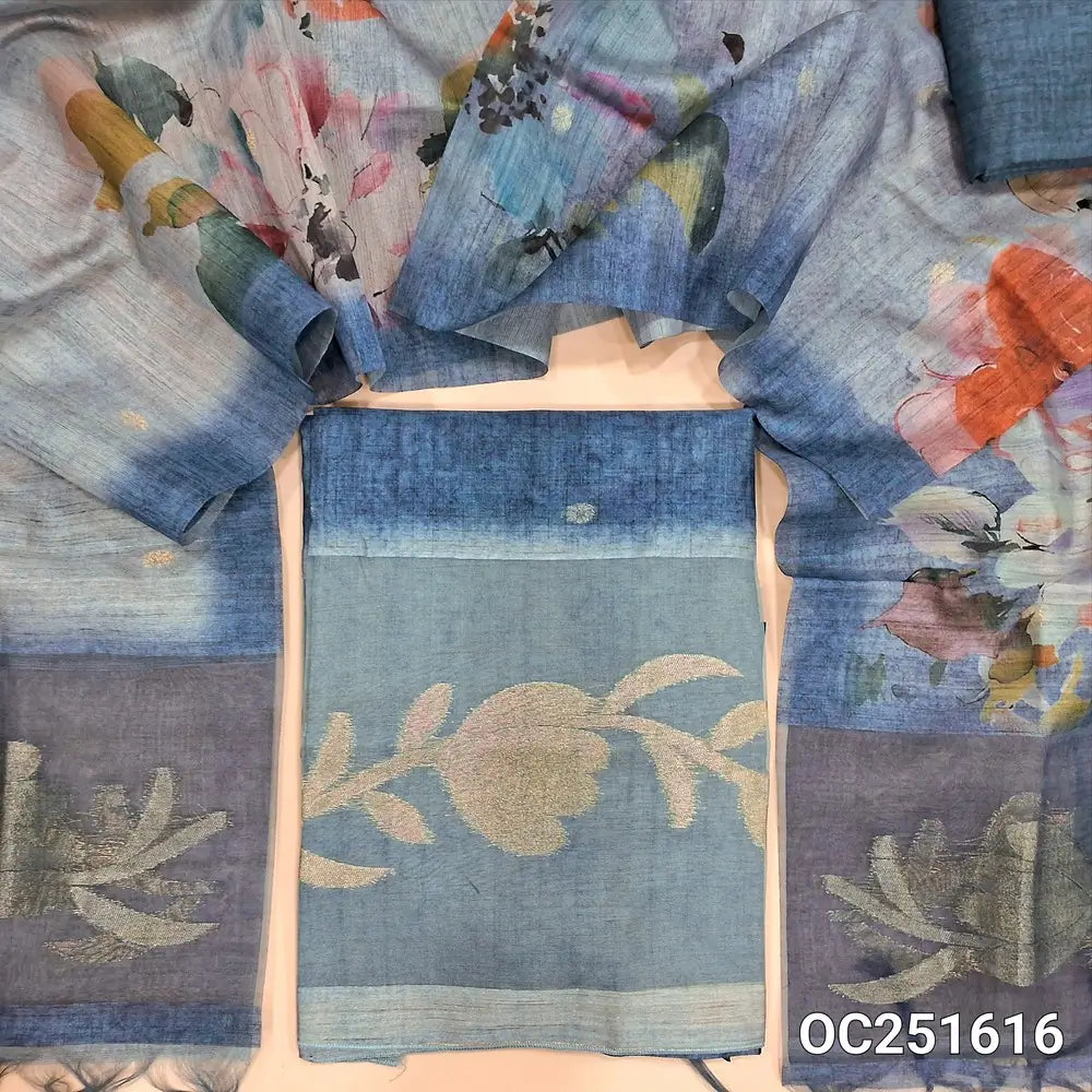 Blue jamdani woven silk cotton unstitched salwar material, organza daman patch with jamdani weaving (Textured, Lining Needed) digital print Silk Cotton Bottom, floral printed silk cotton dupatta jamdani weaving organza patch in pallu. OC251616