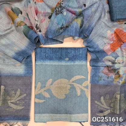 Blue jamdani woven silk cotton unstitched salwar material, organza daman patch with jamdani weaving (Textured, Lining Needed) digital print Silk Cotton Bottom, floral printed silk cotton dupatta jamdani weaving organza patch in pallu. OC251616