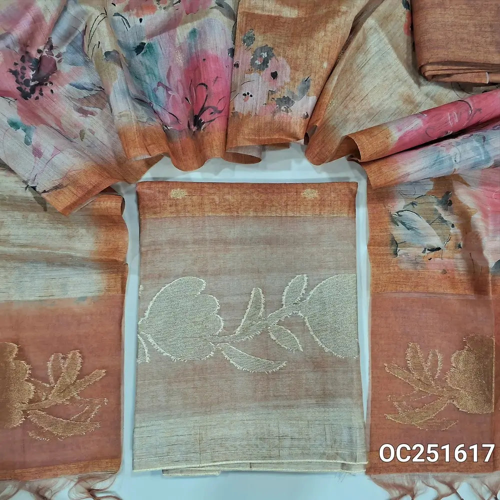Yellow & brown jamdani woven silk cotton unstitched salwar material, organza daman patch with jamdani weaving (Textured, Lining Needed) digital print Silk Cotton Bottom, floral printed silk cotton dupatta jamdani weaving organza patch in pallu. OC251617