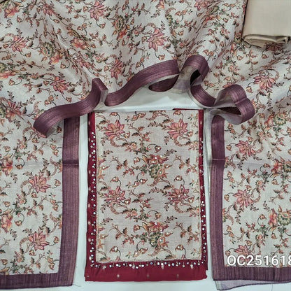 Reddish Maroon Silk cotton unstitched salwar material, printed tissue patch and faux mirror work on yoke, zari woven buttas on front,(thin, lining needed),beige cotton bottom, digital printed tissue silk cotton full length dupatta. OC25151618