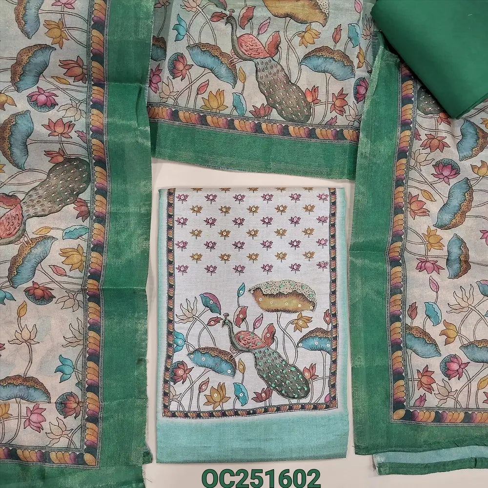 Pastel Green Tissue Silk unstitched salwar material,(soft, lining needed) digital printed, hand work on yoke & daman, green santoon bottom, Digital printed fancy tissue silk dupatta. OC251602