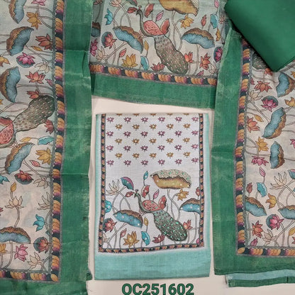 Pastel Green Tissue Silk unstitched salwar material,(soft, lining needed) digital printed, hand work on yoke & daman, green santoon bottom, Digital printed fancy tissue silk dupatta. OC251602