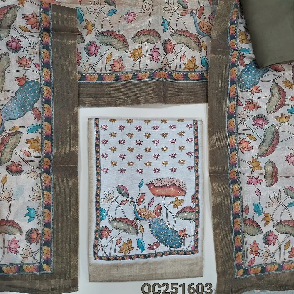 Rich Beige Tissue Silk unstitched salwar material,(soft, lining needed) digital printed, hand work on yoke & daman, olive green santoon bottom, Digital printed fancy tissue silk dupatta. OC251603